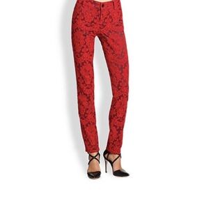 Alice + Olivia Red Lace Brocade Skinny Jeans
